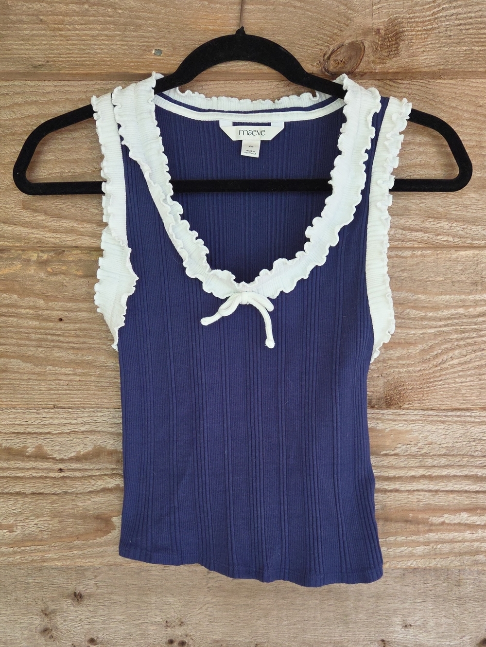 Maeve XXS Navy Ribbed Tank with White Ruffle Trim and Front Tie Accent